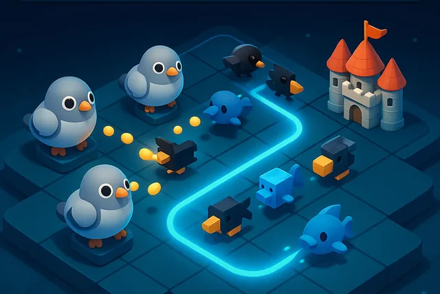 Pigeon Defenseの公式イラスト。ハトが敵を迎え撃つ防衛マップ。