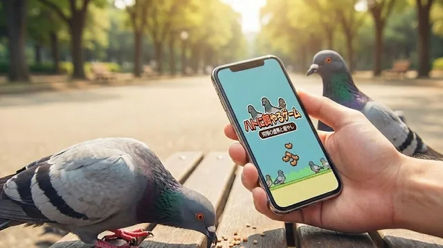 ハトに餌やるゲームの公式紹介画像。スマートフォンと公園のハト。