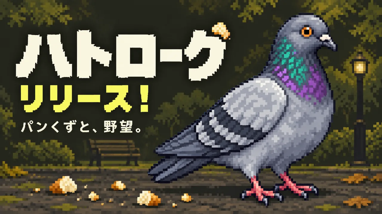 ハトローグの公式キービジュアル。公園に立つハトとパンくず。