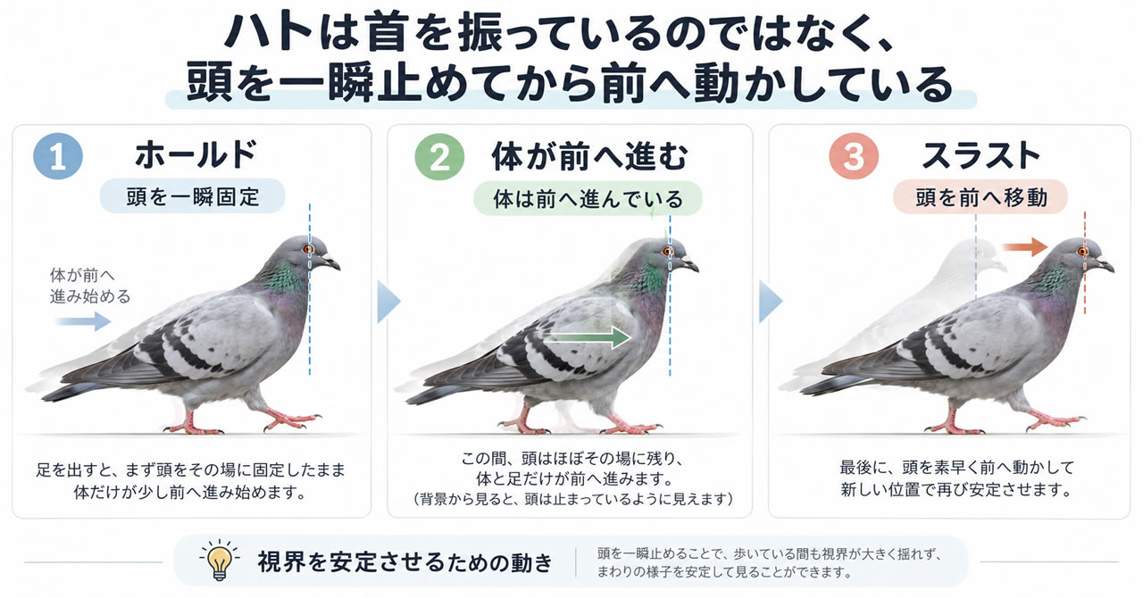 ハトの首振り歩きをホールド、体の前進、スラストの3段階で示した図解